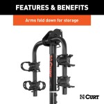 CURT Hitch-Mounted Bike Rack for Secure and Easy Bike Transport CURT hitch-mounted bike rack with black powder coat finish, fitting 1-1/4" or 2" receivers, holding up to two bikes.
