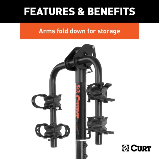 CURT Hitch-Mounted Bike Rack for Secure and Easy Bike Transport CURT hitch-mounted bike rack with black powder coat finish, fitting 1-1/4" or 2" receivers, holding up to two bikes.