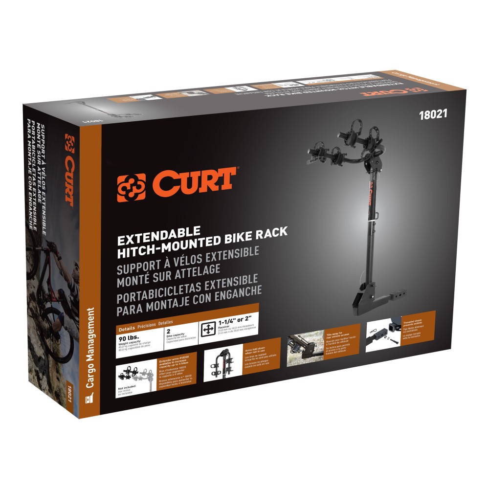 CURT Hitch-Mounted Bike Rack for Secure and Easy Bike Transport CURT hitch-mounted bike rack with black powder coat finish, fitting 1-1/4" or 2" receivers, holding up to two bikes.