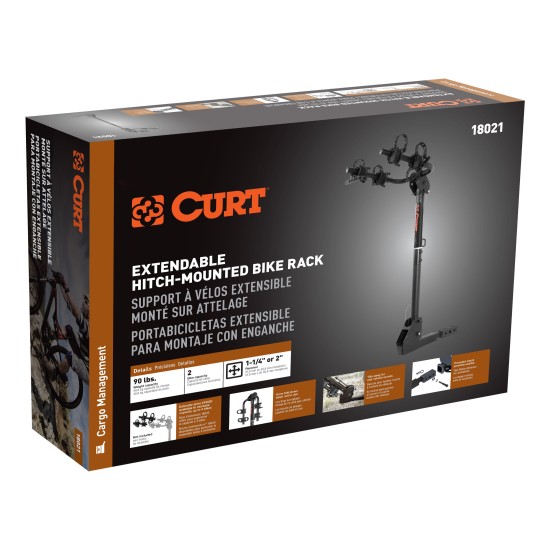 CURT Hitch-Mounted Bike Rack for Secure and Easy Bike Transport CURT hitch-mounted bike rack with black powder coat finish, fitting 1-1/4" or 2" receivers, holding up to two bikes.