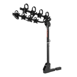 CURT hitch-mounted bike rack with adjustable arms and black powder coat finish, accommodating 2 to 4 bikes securely.