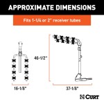 CURT Hitch-Mounted Bike Rack for 2 to 4 Bikes with Adjustable Arms CURT hitch-mounted bike rack with adjustable arms and black powder coat finish, accommodating 2 to 4 bikes securely.