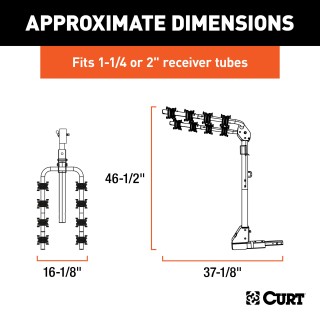 CURT Hitch-Mounted Bike Rack for 2 to 4 Bikes with Adjustable Arms CURT hitch-mounted bike rack with adjustable arms and black powder coat finish, accommodating 2 to 4 bikes securely.