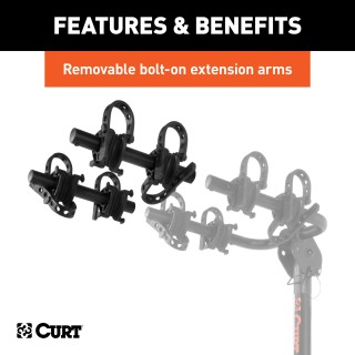 CURT Hitch-Mounted Bike Rack for 2 to 4 Bikes with Adjustable Arms CURT hitch-mounted bike rack with adjustable arms and black powder coat finish, accommodating 2 to 4 bikes securely.