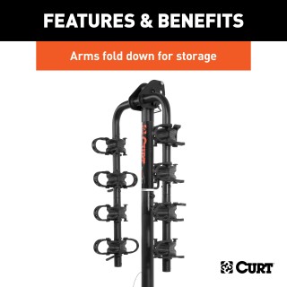 CURT Hitch-Mounted Bike Rack for 2 to 4 Bikes with Adjustable Arms CURT hitch-mounted bike rack with adjustable arms and black powder coat finish, accommodating 2 to 4 bikes securely.