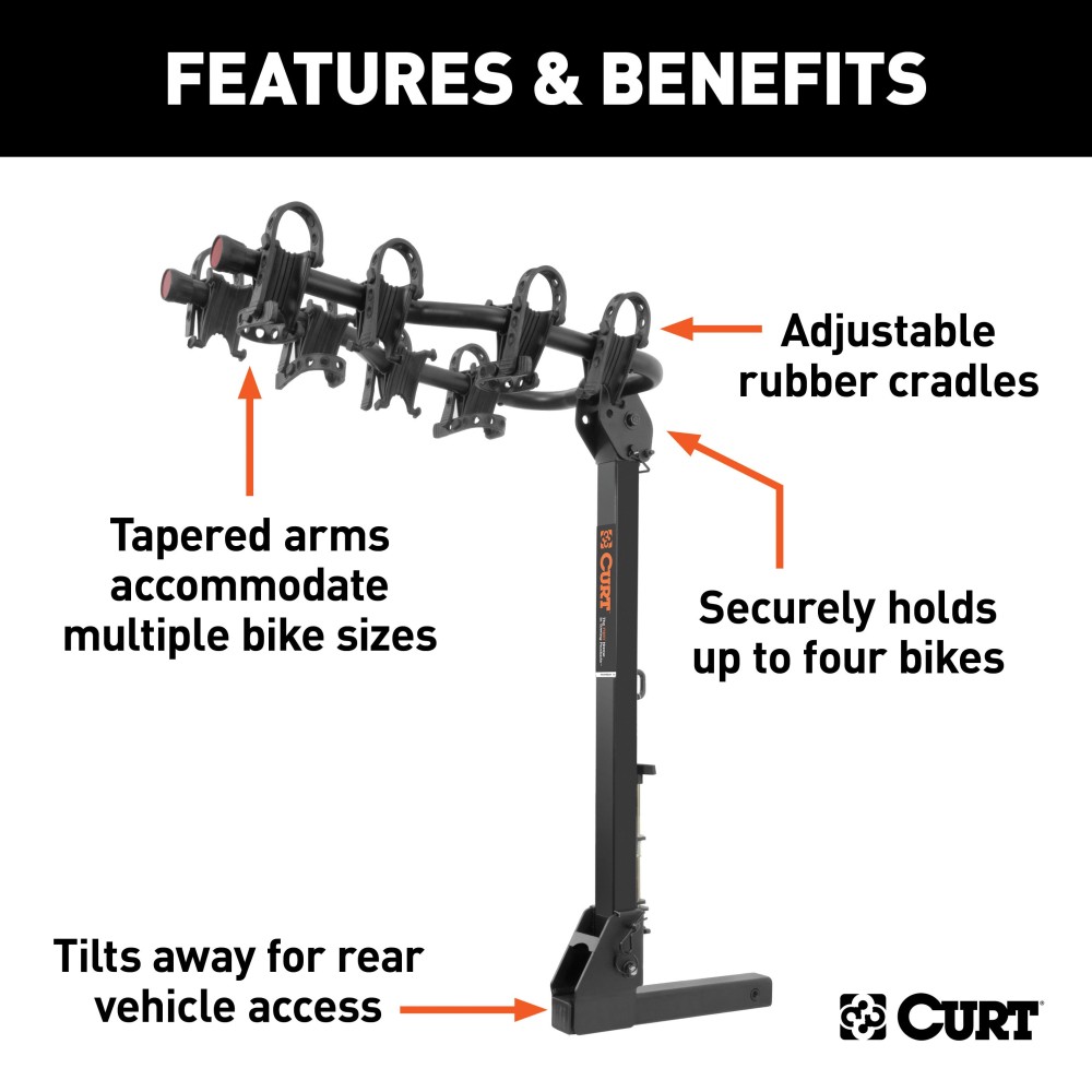 CURT Premium Bike Rack with Anti-Wobble Shank for 4 Bikes CURT premium bike rack, fits 2 inch hitch, holds 4 bikes, anti-wobble shank