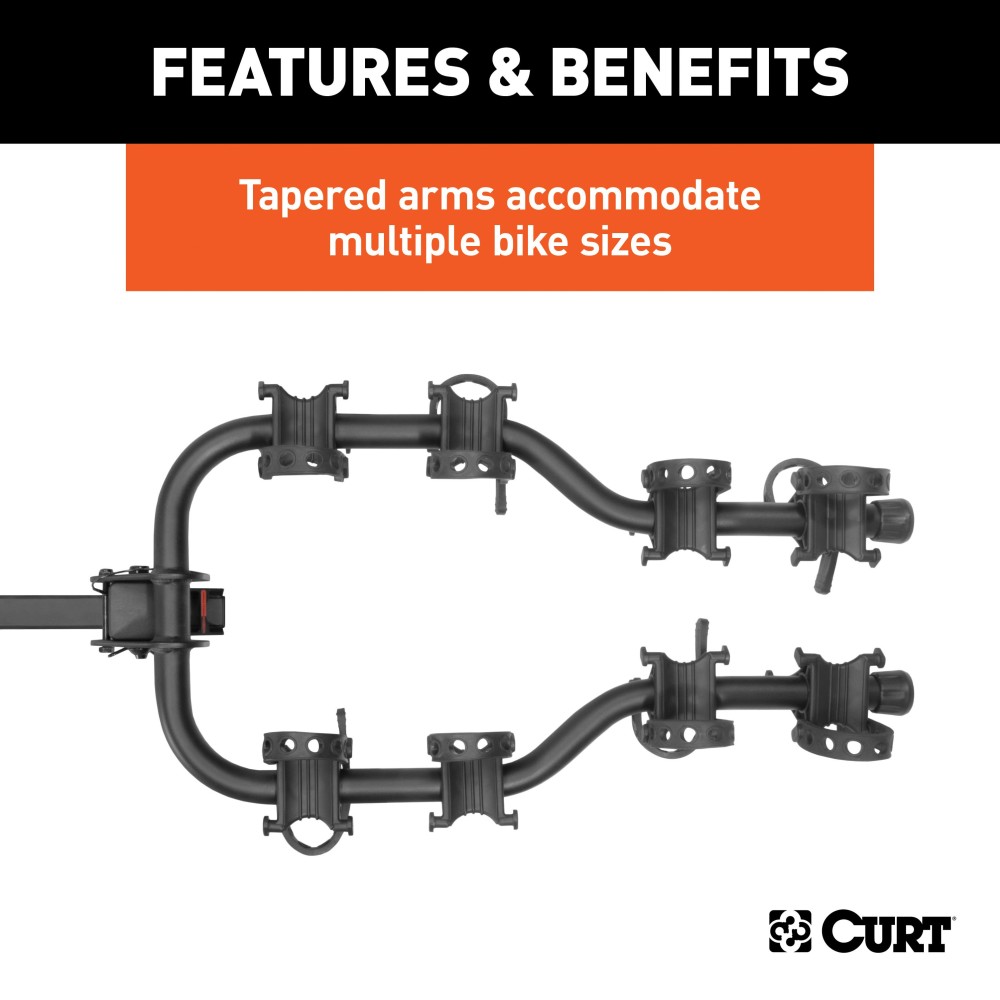 CURT Premium Bike Rack with Anti-Wobble Shank for 4 Bikes CURT premium bike rack, fits 2 inch hitch, holds 4 bikes, anti-wobble shank