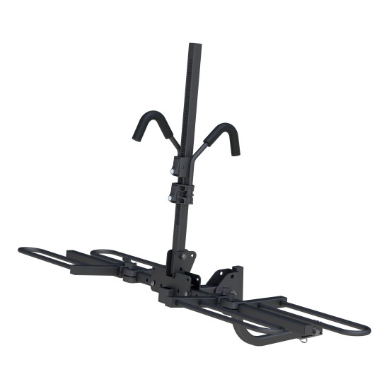 CURT Tray-Style Bike Rack with Three-Point Support System CURT tray-style bike rack securely holding two bicycles with a unique three-point support system