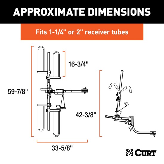 CURT Tray-Style Bike Rack with Three-Point Support System CURT tray-style bike rack securely holding two bicycles with a unique three-point support system
