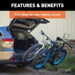 CURT Tray-Style Bike Rack with Three-Point Support System CURT tray-style bike rack securely holding two bicycles with a unique three-point support system