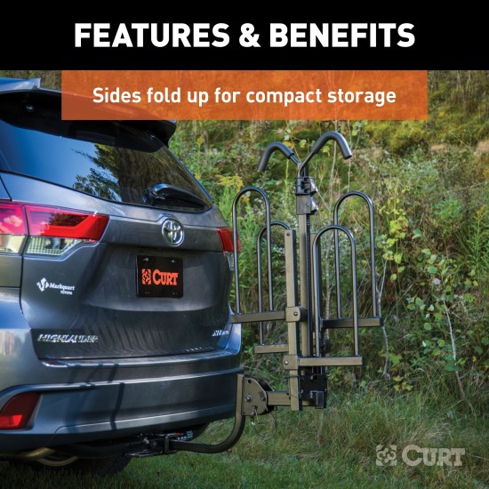CURT Tray-Style Bike Rack with Three-Point Support System CURT tray-style bike rack securely holding two bicycles with a unique three-point support system