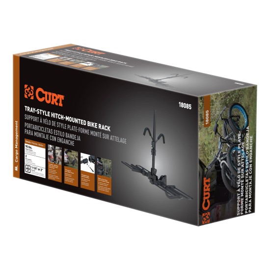 CURT Tray-Style Bike Rack with Three-Point Support System CURT tray-style bike rack securely holding two bicycles with a unique three-point support system