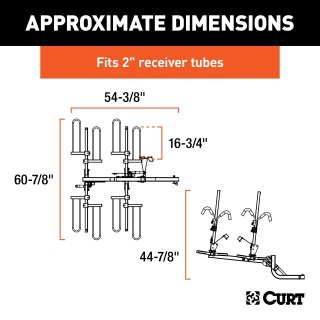 CURT Tray-Style Hitch-Mounted Bike Rack for Secure Transport CURT tray-style bike rack with hitch-mount, holding four bikes securely.