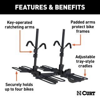 CURT Tray-Style Hitch-Mounted Bike Rack for Secure Transport CURT tray-style bike rack with hitch-mount, holding four bikes securely.