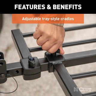 CURT Tray-Style Hitch-Mounted Bike Rack for Secure Transport CURT tray-style bike rack with hitch-mount, holding four bikes securely.
