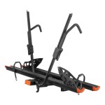 CURT Aluminum Bike Rack - Lightweight & Secure Platform Design CURT aluminum bike rack #18088 mounted on vehicle, holds two bikes securely.