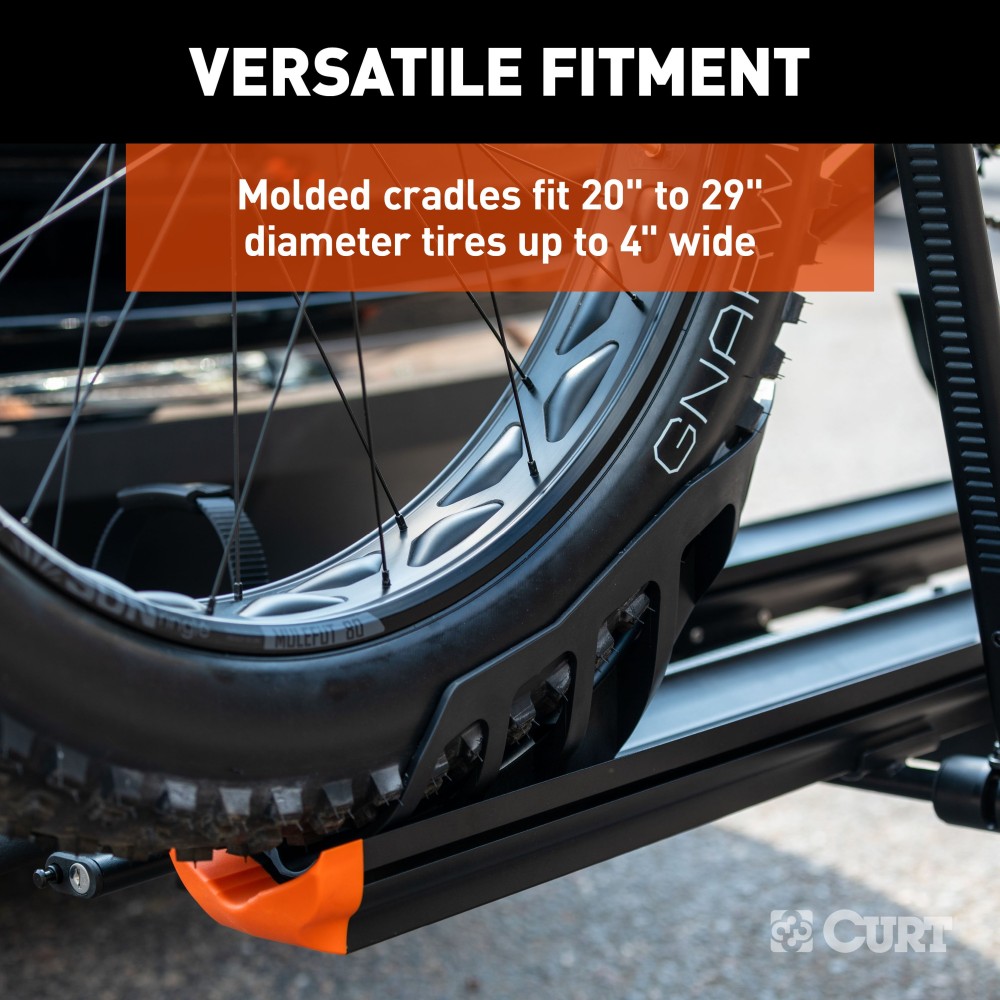 CURT Aluminum Bike Rack - Lightweight & Secure Platform Design CURT aluminum bike rack #18088 mounted on vehicle, holds two bikes securely.
