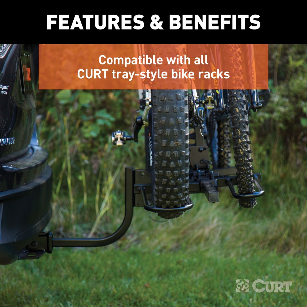 CURT tray-style bike rack with adjustable cradles for various bike sizes