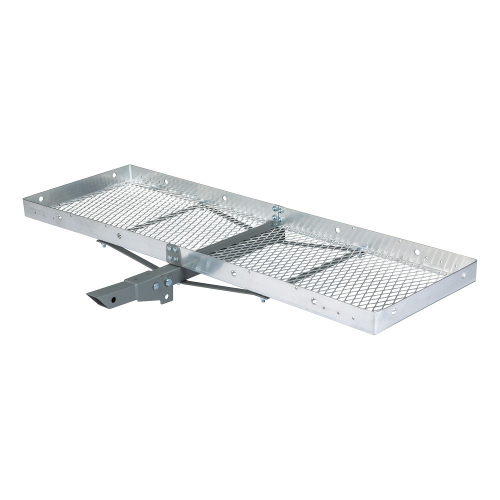 CURT Aluminum Hitch-Mounted Folding Cargo Carrier 500 lbs Capacity CURT tray-style hitch-mounted cargo carrier with aluminum design, folding feature, and 500 lbs capacity mounted on a vehicle.