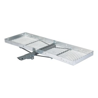 CURT Aluminum Hitch-Mounted Folding Cargo Carrier 500 lbs Capacity CURT tray-style hitch-mounted cargo carrier with aluminum design, folding feature, and 500 lbs capacity mounted on a vehicle.