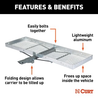 CURT Aluminum Hitch-Mounted Folding Cargo Carrier 500 lbs Capacity CURT tray-style hitch-mounted cargo carrier with aluminum design, folding feature, and 500 lbs capacity mounted on a vehicle.