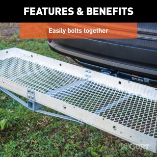 CURT Aluminum Hitch-Mounted Folding Cargo Carrier 500 lbs Capacity CURT tray-style hitch-mounted cargo carrier with aluminum design, folding feature, and 500 lbs capacity mounted on a vehicle.