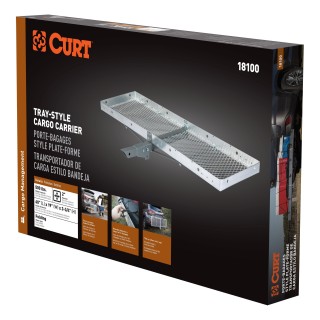 CURT Aluminum Hitch-Mounted Folding Cargo Carrier 500 lbs Capacity CURT tray-style hitch-mounted cargo carrier with aluminum design, folding feature, and 500 lbs capacity mounted on a vehicle.