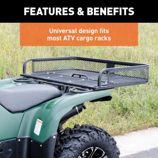 CURT Universal ATV Cargo Carrier with High Sides and Mesh Base CURT ATV cargo carrier with 41x26 dimensions and 6-inch high sides for secure cargo transport