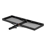 CURT trailer hitch cargo carrier, mesh tray-style, black powder coat, mounted on vehicle.