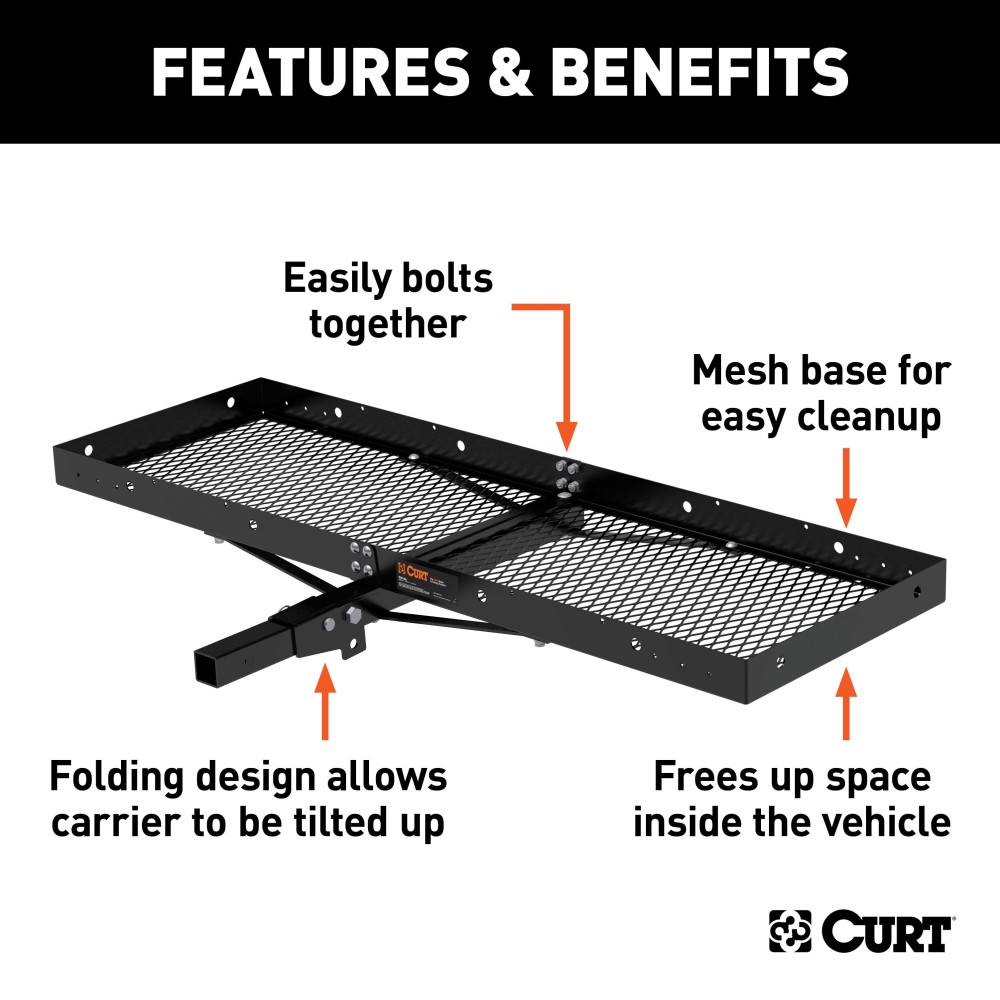CURT trailer hitch cargo carrier, mesh tray-style, black powder coat, mounted on vehicle.