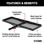 CURT trailer hitch cargo carrier, mesh tray-style, black powder coat, mounted on vehicle.