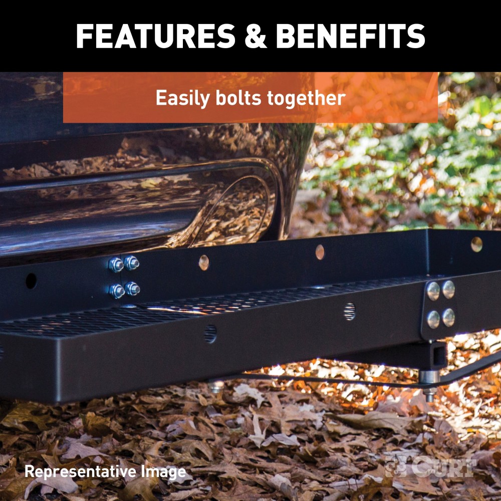 CURT trailer hitch cargo carrier, mesh tray-style, black powder coat, mounted on vehicle.