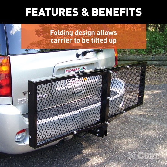 CURT Hitch-Mounted Mesh Bolt-Together Tray-Style Cargo Carrier CURT trailer hitch cargo carrier, mesh tray-style, black powder coat, mounted on vehicle.