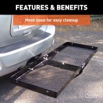 CURT trailer hitch cargo carrier, mesh tray-style, black powder coat, mounted on vehicle.