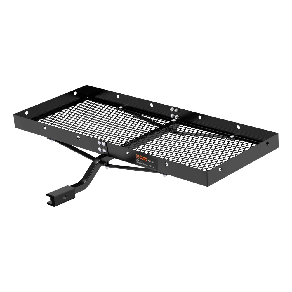 CURT Tray-Style Hitch-Mounted Cargo Carrier with Mesh Base CURT tray-style hitch-mounted cargo carrier with mesh base, adaptable to 1-1/4 or 2 inch hitches, black powder coat finish