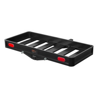 CURT Black Aluminum Cargo Carrier with 500 lbs Capacity CURT black aluminum cargo carrier with a capacity of 500 lbs, featuring a lightweight design, integrated reflectors, and ample cargo space.