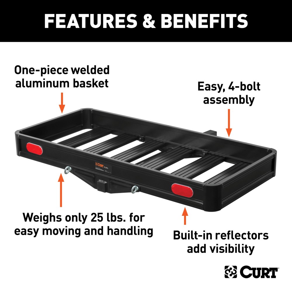 CURT Black Aluminum Cargo Carrier with 500 lbs Capacity CURT black aluminum cargo carrier with a capacity of 500 lbs, featuring a lightweight design, integrated reflectors, and ample cargo space.