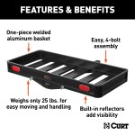 CURT Black Aluminum Cargo Carrier with 500 lbs Capacity CURT black aluminum cargo carrier with a capacity of 500 lbs, featuring a lightweight design, integrated reflectors, and ample cargo space.