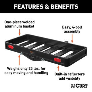 CURT Black Aluminum Cargo Carrier with 500 lbs Capacity CURT black aluminum cargo carrier with a capacity of 500 lbs, featuring a lightweight design, integrated reflectors, and ample cargo space.