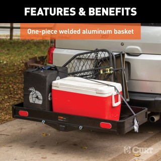 CURT Black Aluminum Cargo Carrier with 500 lbs Capacity CURT black aluminum cargo carrier with a capacity of 500 lbs, featuring a lightweight design, integrated reflectors, and ample cargo space.