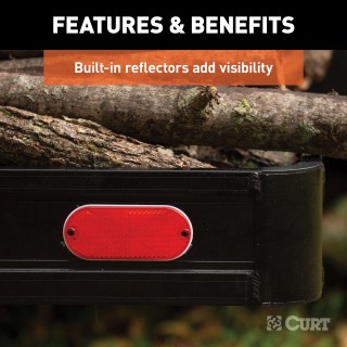 CURT Black Aluminum Cargo Carrier with 500 lbs Capacity CURT black aluminum cargo carrier with a capacity of 500 lbs, featuring a lightweight design, integrated reflectors, and ample cargo space.