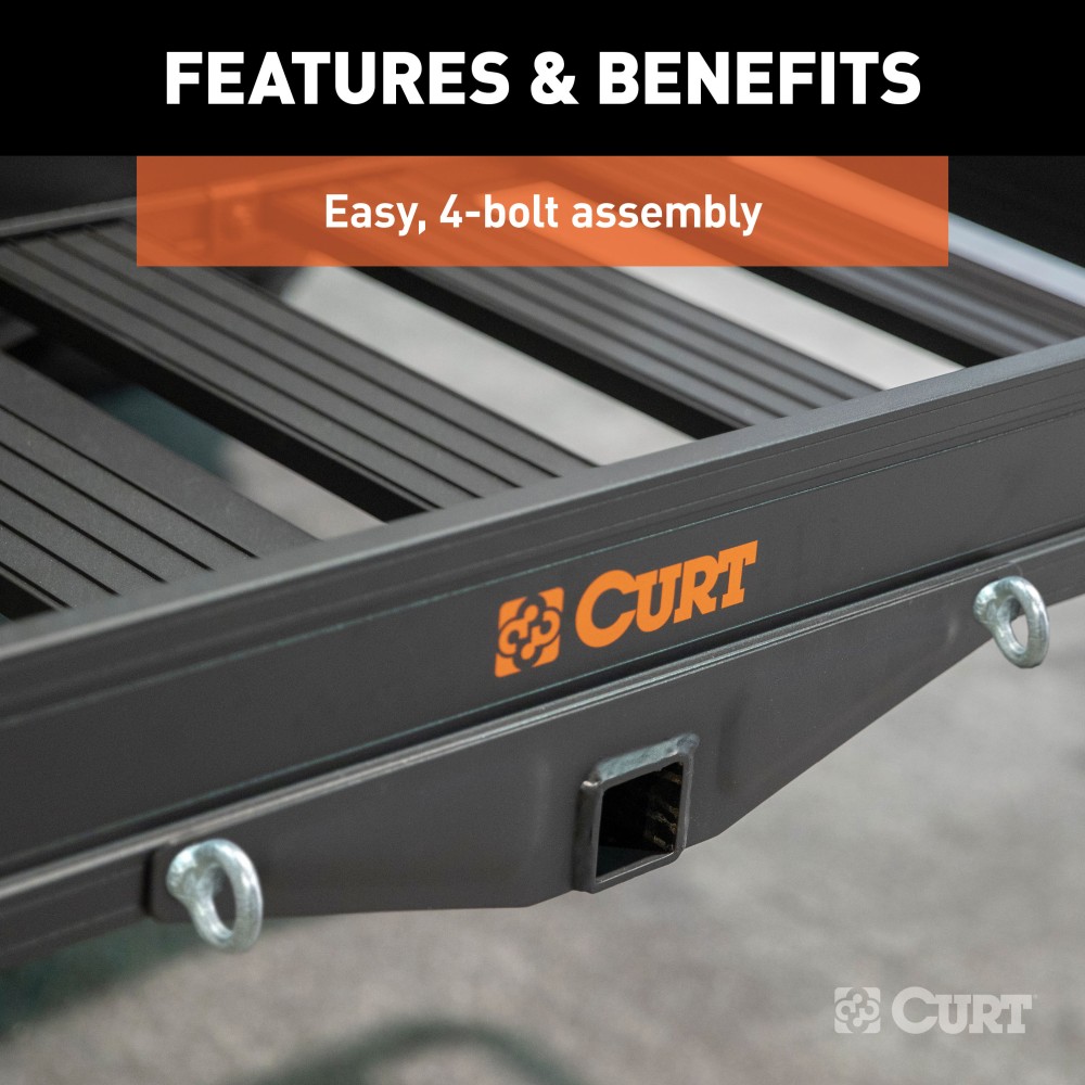 CURT Black Aluminum Cargo Carrier with 500 lbs Capacity CURT black aluminum cargo carrier with a capacity of 500 lbs, featuring a lightweight design, integrated reflectors, and ample cargo space.