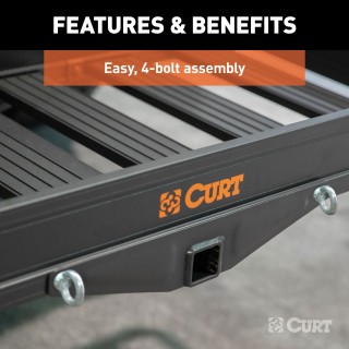 CURT Black Aluminum Cargo Carrier with 500 lbs Capacity CURT black aluminum cargo carrier with a capacity of 500 lbs, featuring a lightweight design, integrated reflectors, and ample cargo space.