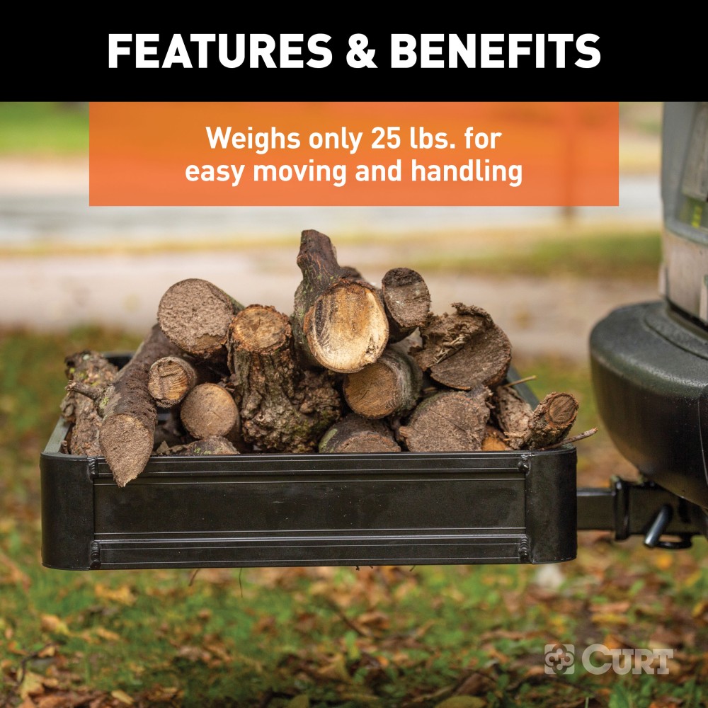 CURT Black Aluminum Cargo Carrier with 500 lbs Capacity CURT black aluminum cargo carrier with a capacity of 500 lbs, featuring a lightweight design, integrated reflectors, and ample cargo space.