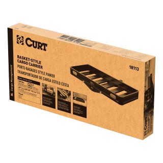 CURT Black Aluminum Cargo Carrier with 500 lbs Capacity CURT black aluminum cargo carrier with a capacity of 500 lbs, featuring a lightweight design, integrated reflectors, and ample cargo space.