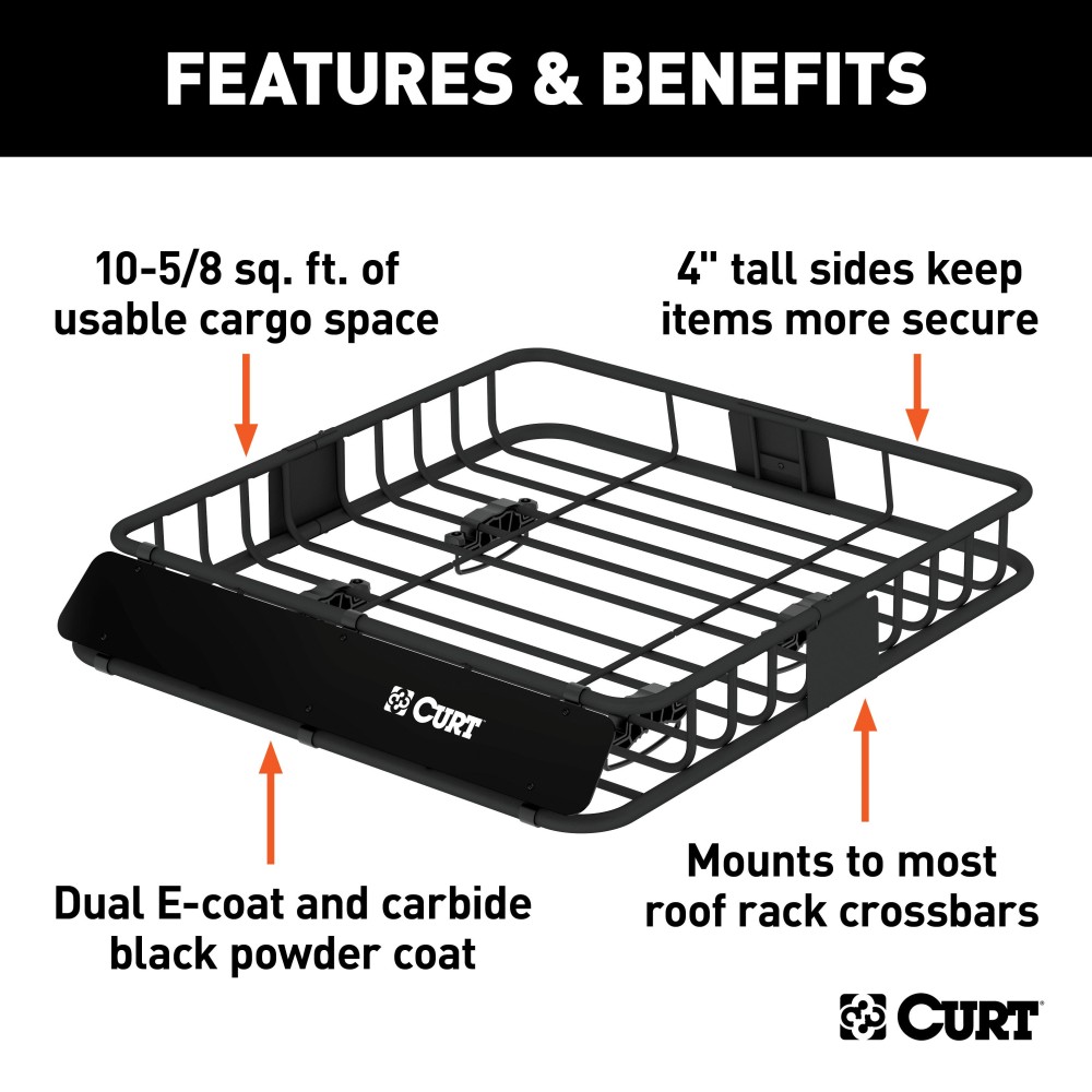 CURT Roof Rack Cargo Carrier with Extension for Extra Storage CURT roof rack cargo carrier with extension offering increased storage space on vehicle