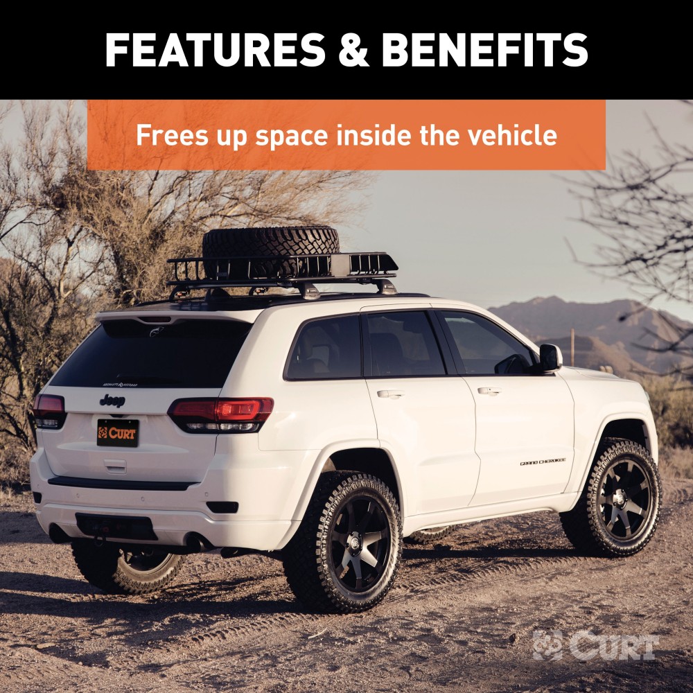 CURT Roof Rack Cargo Carrier with Extension for Extra Storage CURT roof rack cargo carrier with extension offering increased storage space on vehicle