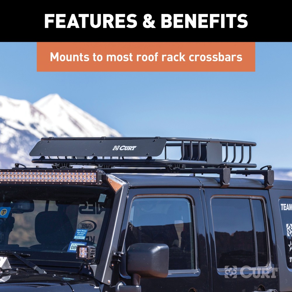 CURT Roof Rack Cargo Carrier with Extension for Extra Storage CURT roof rack cargo carrier with extension offering increased storage space on vehicle