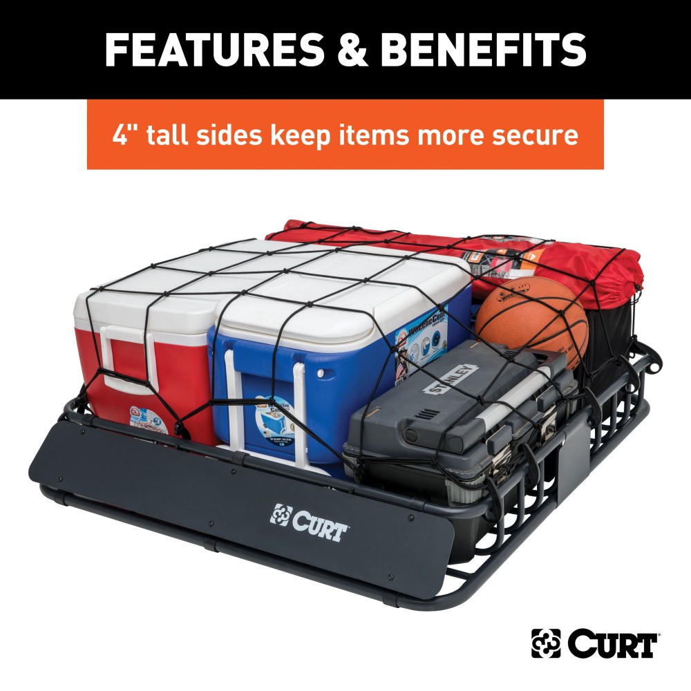 CURT Roof Rack Cargo Carrier with Extension for Extra Storage CURT roof rack cargo carrier with extension offering increased storage space on vehicle
