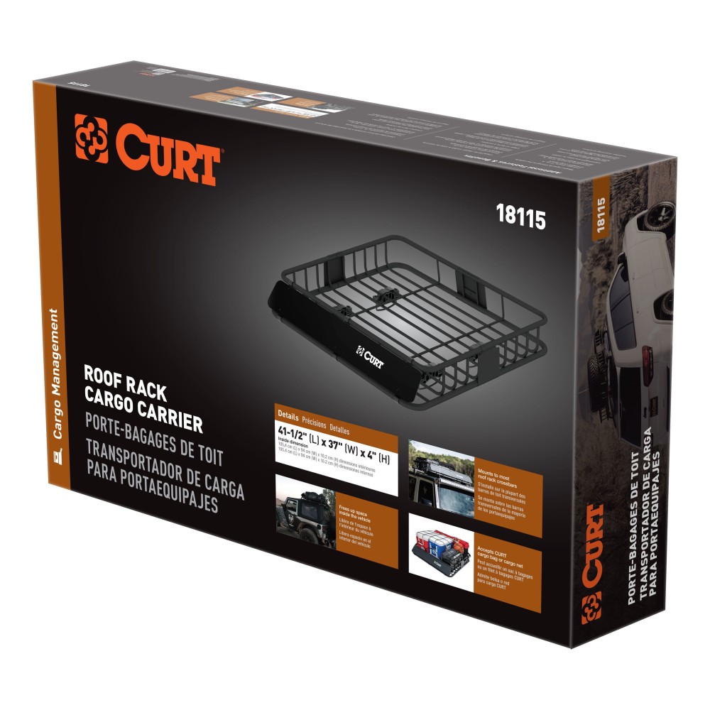 CURT Roof Rack Cargo Carrier with Extension for Extra Storage CURT roof rack cargo carrier with extension offering increased storage space on vehicle